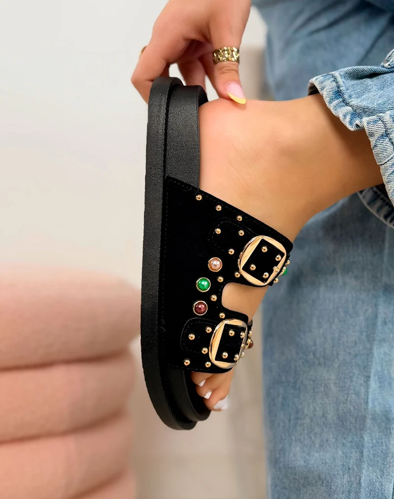 Mules femme noires élégantes à double boucle ornée de perles colorées