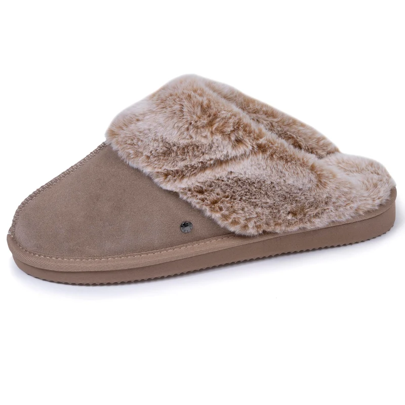 Chaussons mules fourrées Femme Beige