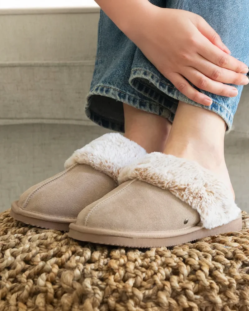 Chaussons mules fourrées Femme Beige