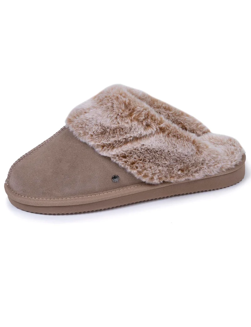 Chaussons mules fourrées Femme Beige