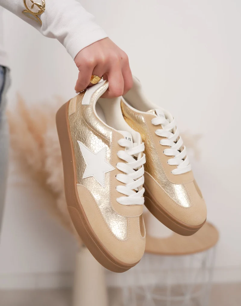 Basket femme dorée tendance à plateforme marron avec étoile blanche