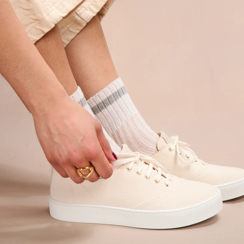Socquettes | Beige & Gris & Blanc - Bandes - Coton