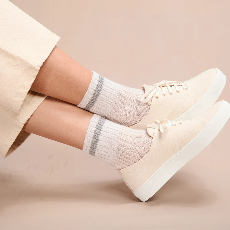 Socquettes | Beige & Gris & Blanc - Bandes - Coton