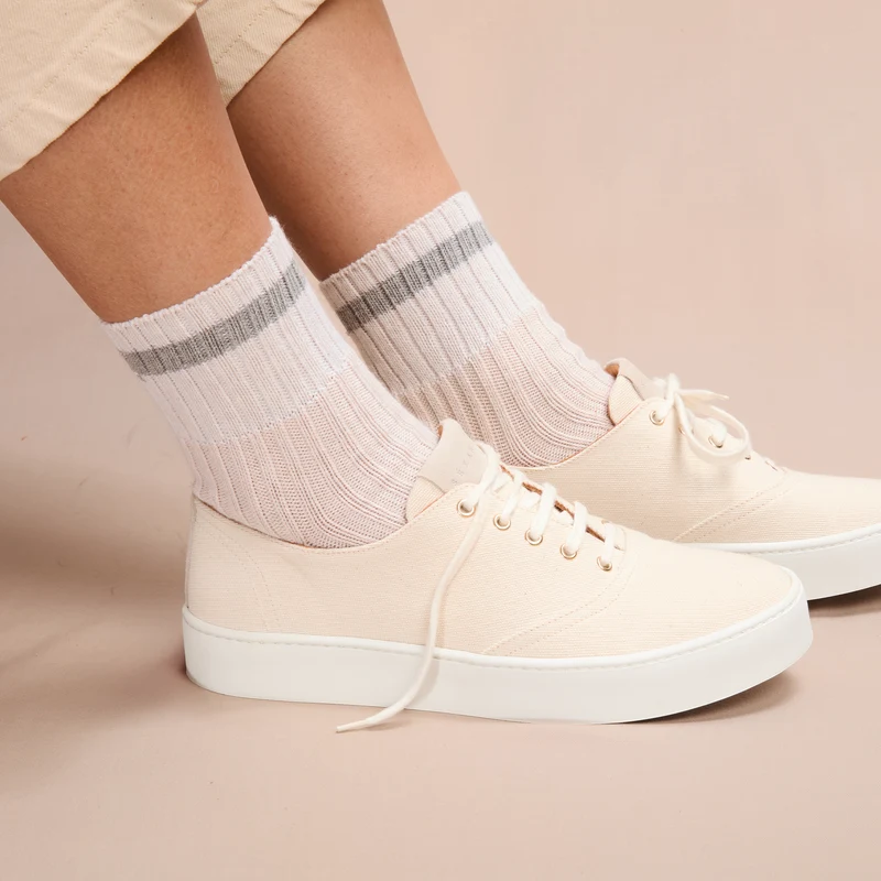 Socquettes | Beige & Gris & Blanc - Bandes - Coton
