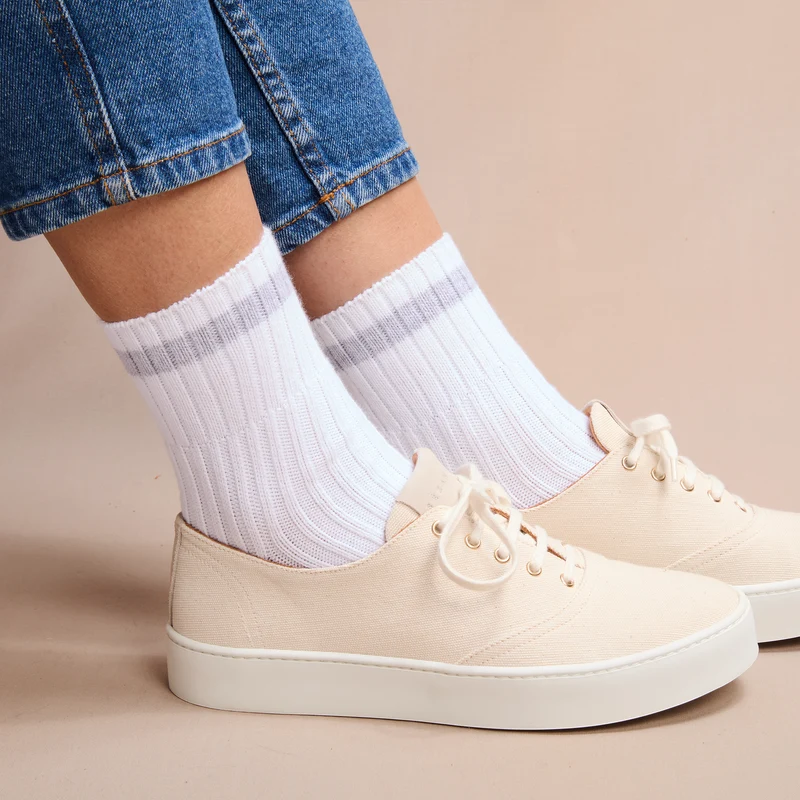 Socquettes | Blanc & Gris - Bandes - Coton