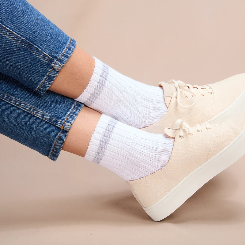 Socquettes | Blanc & Gris - Bandes - Coton