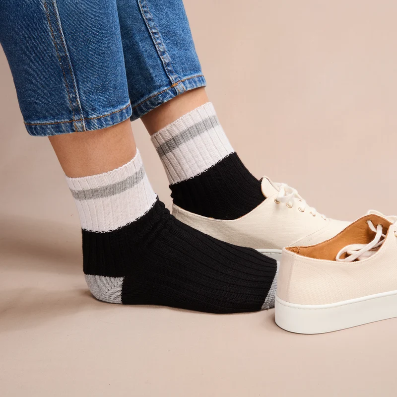Socquettes | Noir & Gris - Bandes - Coton
