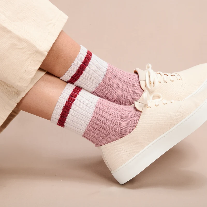Socquettes | Rose & Rouge - Bandes - Coton