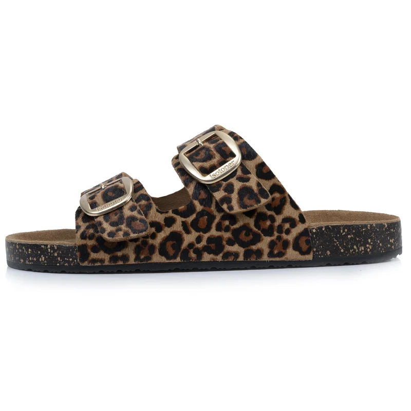 Mules Sandales Femme Double Bride cuir Léopard