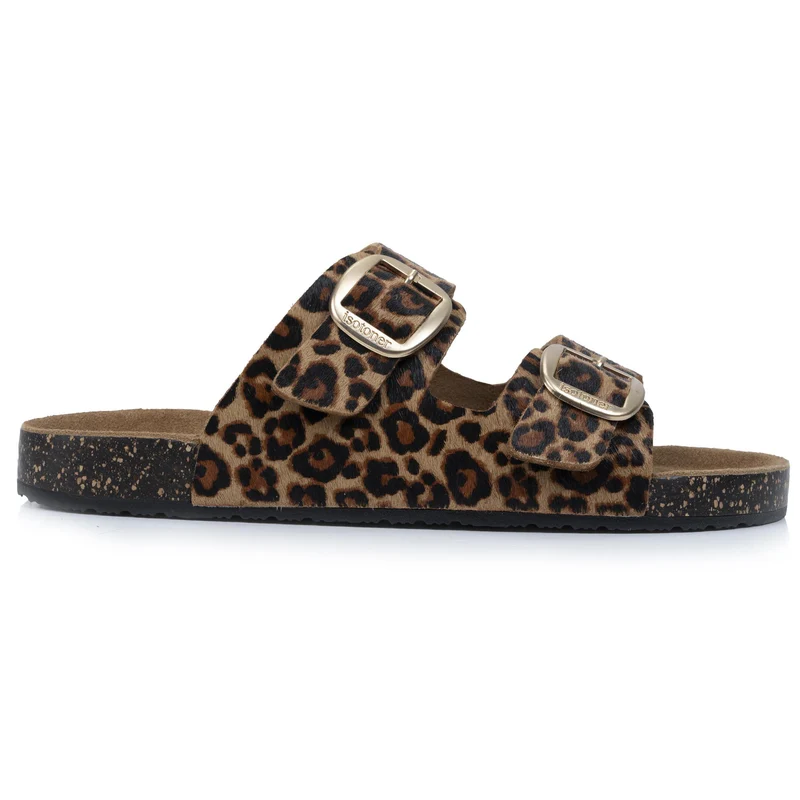 Mules Sandales Femme Double Bride cuir Léopard