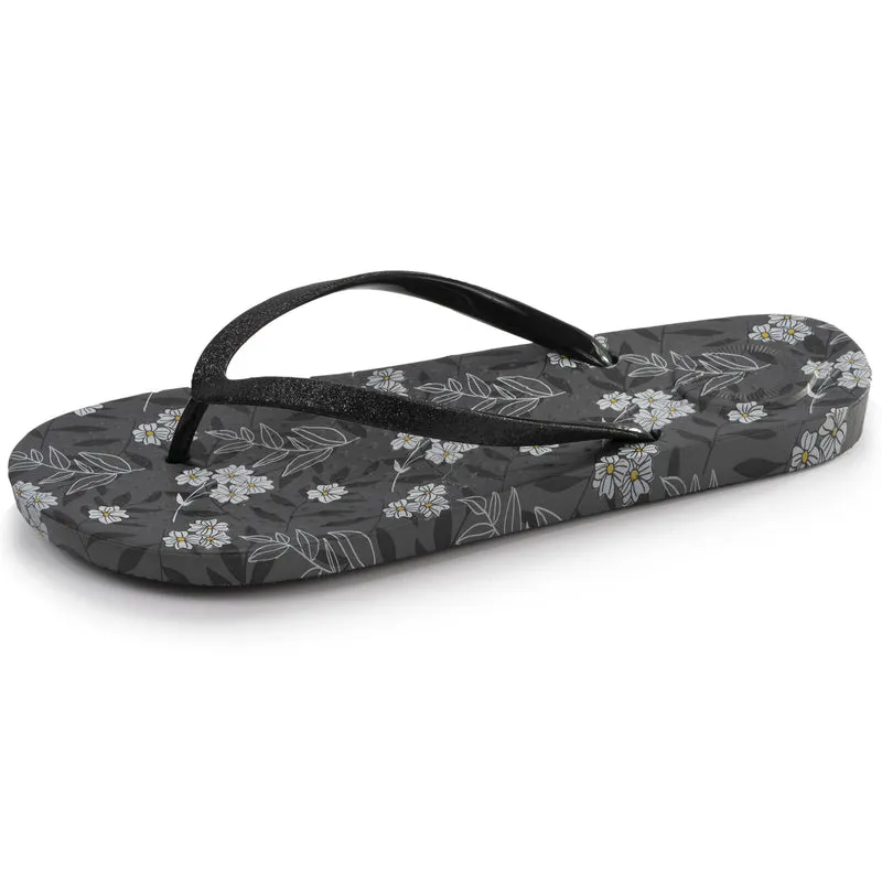 Tongs Femme imprimé Fleurs Noir