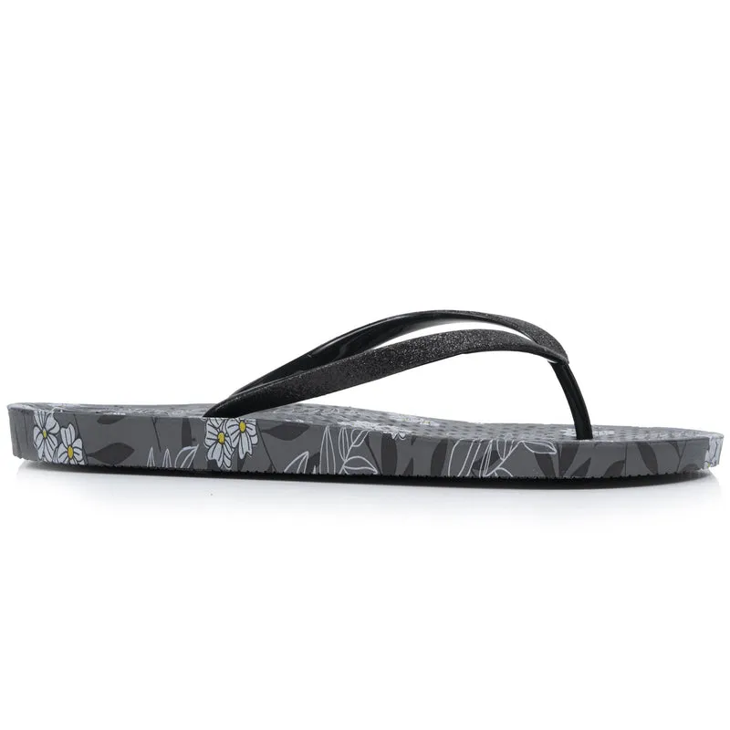 Tongs Femme imprimé Fleurs Noir