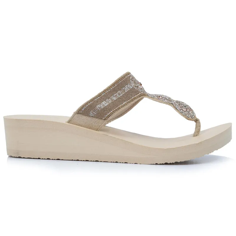 Tongs Femme tige large strass talon Beige