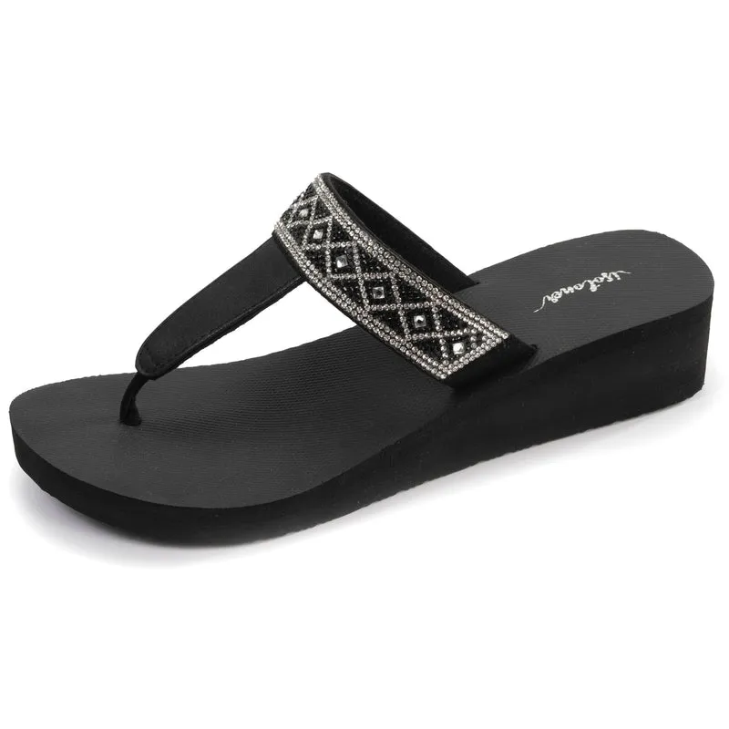 Tongs Femme tige large strass talon Noir