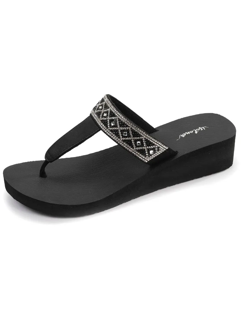 Tongs Femme tige large strass talon Noir