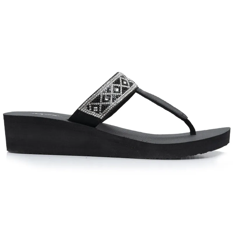 Tongs Femme tige large strass talon Noir