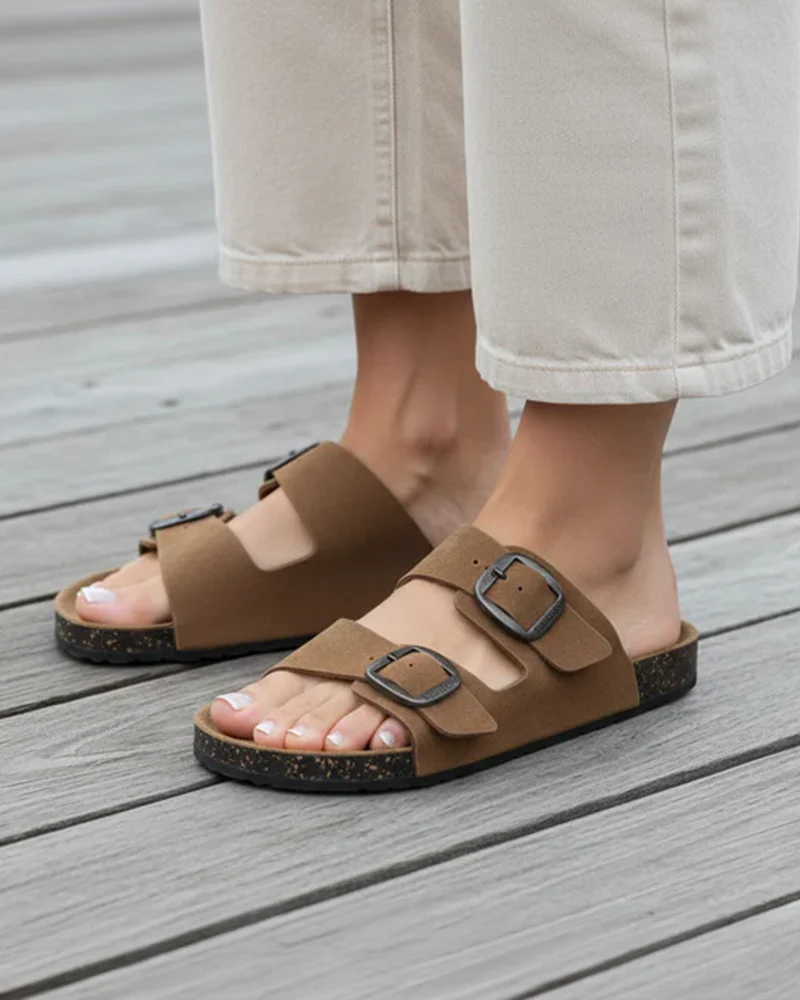 Mules sandales Femme Double Bride cuir Camel
