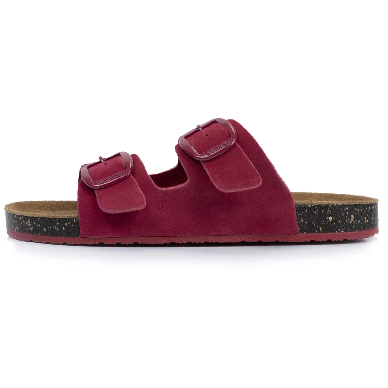 Mules Sandales Femme Double Bride cuir Framboise