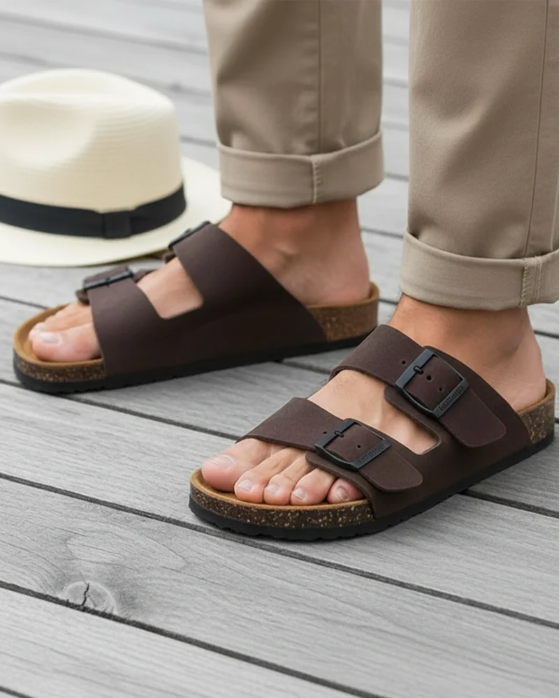 Mules sandales Homme Double Bride cuir Marron