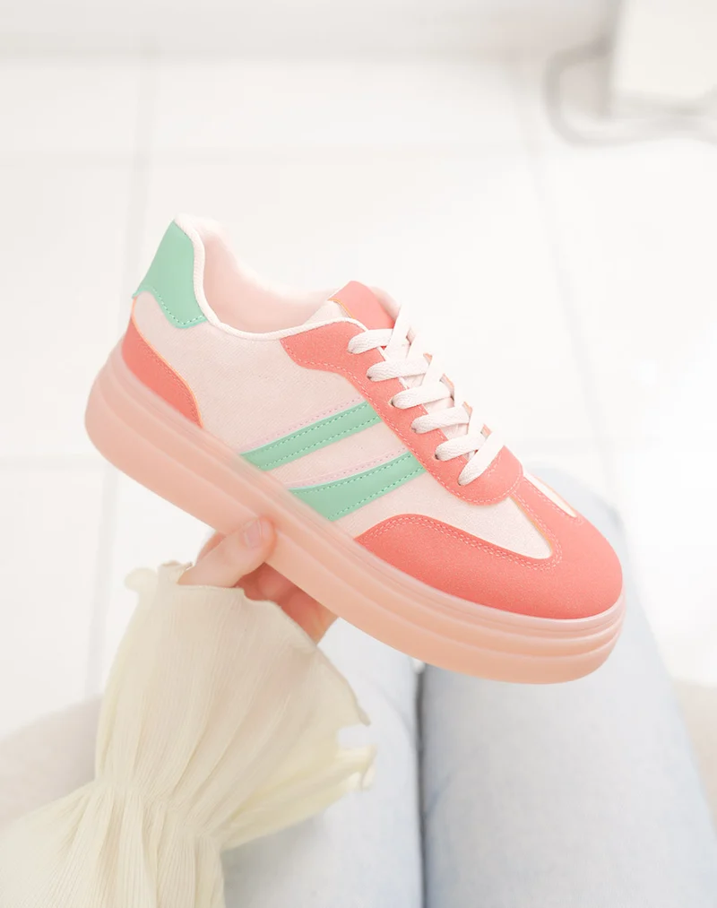 Basket femme rose tendance à double plateforme avec rayures vertes