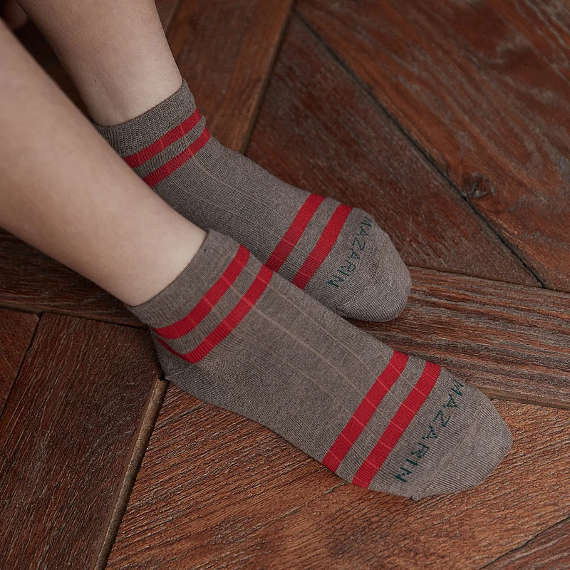 Socquettes | Taupe & Rouge - Coton