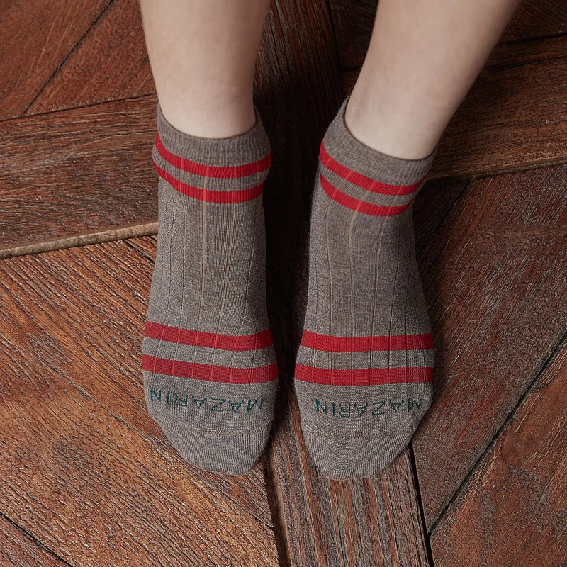 Socquettes | Taupe & Rouge - Coton