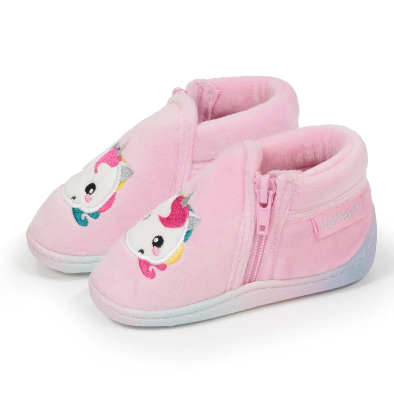 Chaussons bottillons zip Bébé velours Rose licorne