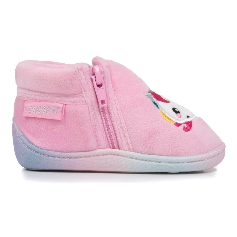 Chaussons bottillons zip Bébé velours Rose licorne