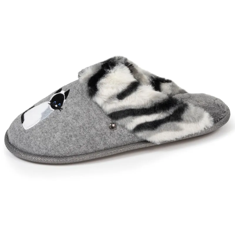 Chaussons mules Femme plates Chat Gris
