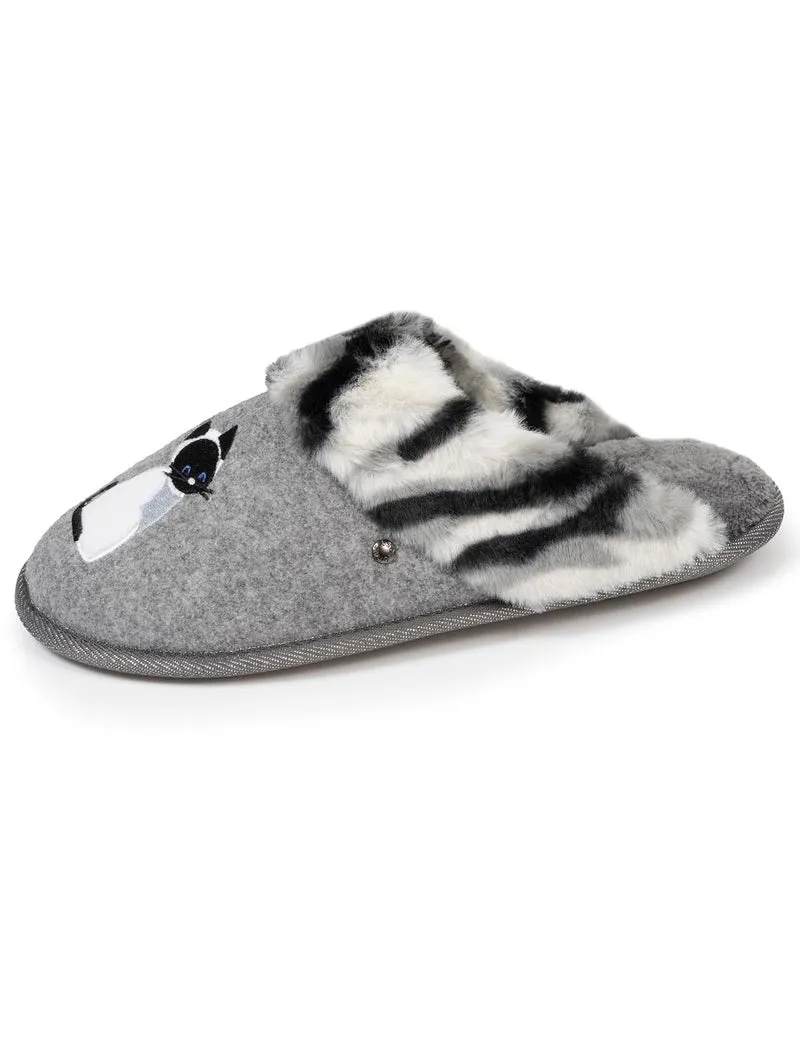 Chaussons mules Femme plates Chat Gris