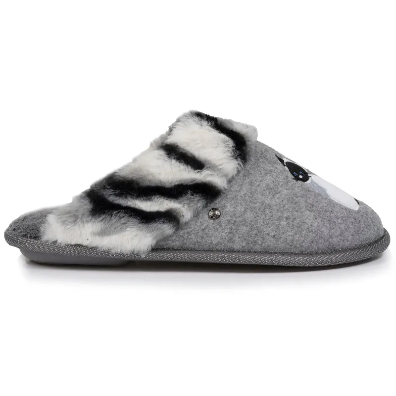 Chaussons mules Femme plates Chat Gris