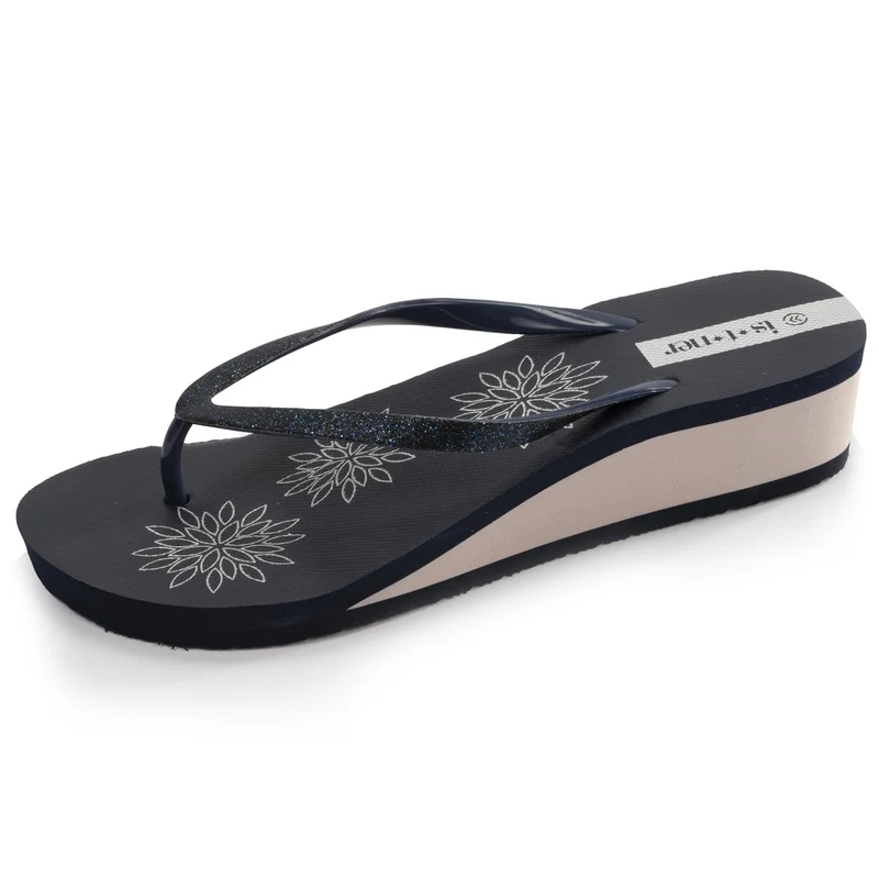Tongs Femme imprimé floral talon Marine