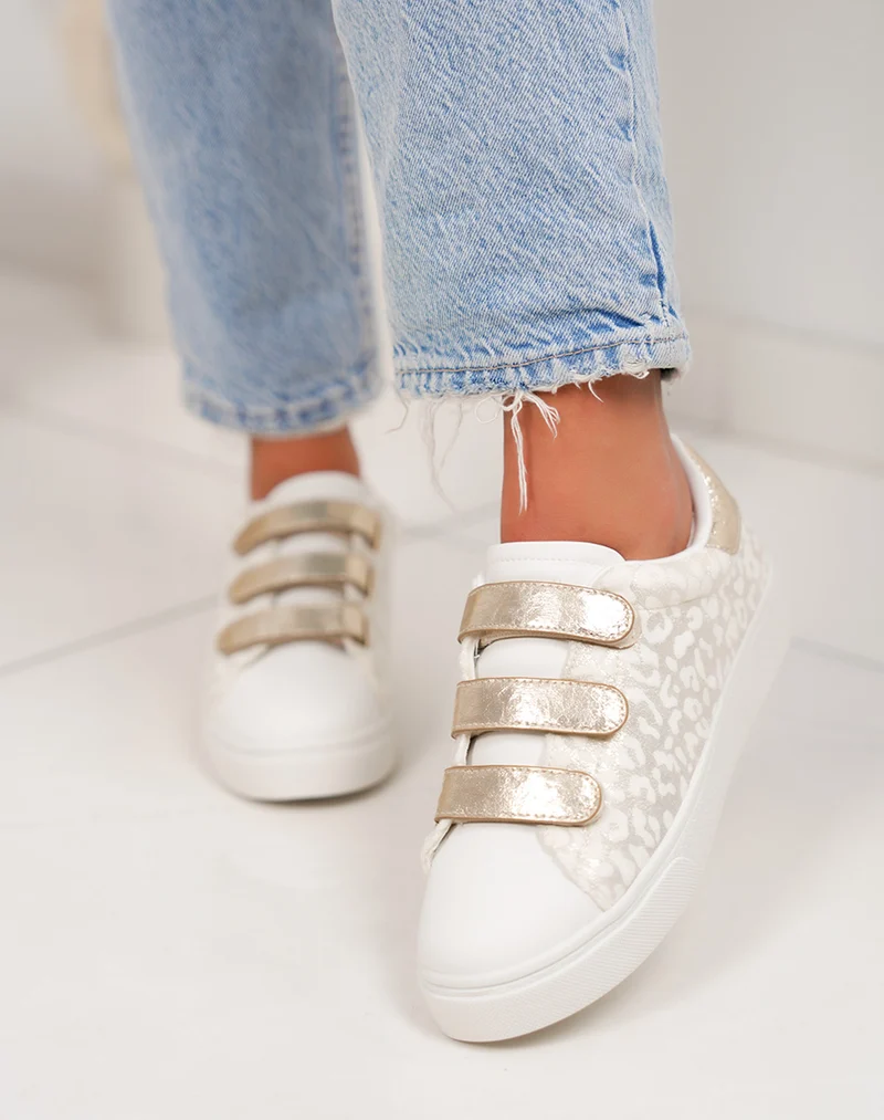 Basket femme blanche tendance à scratch léopard doré et détail brillant