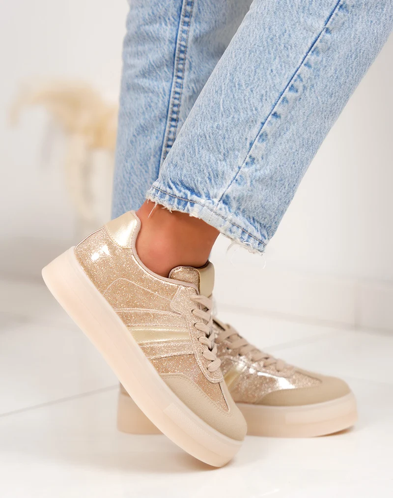 Basket femme dorée pailletée tendance à plateforme élégante et lumineuse