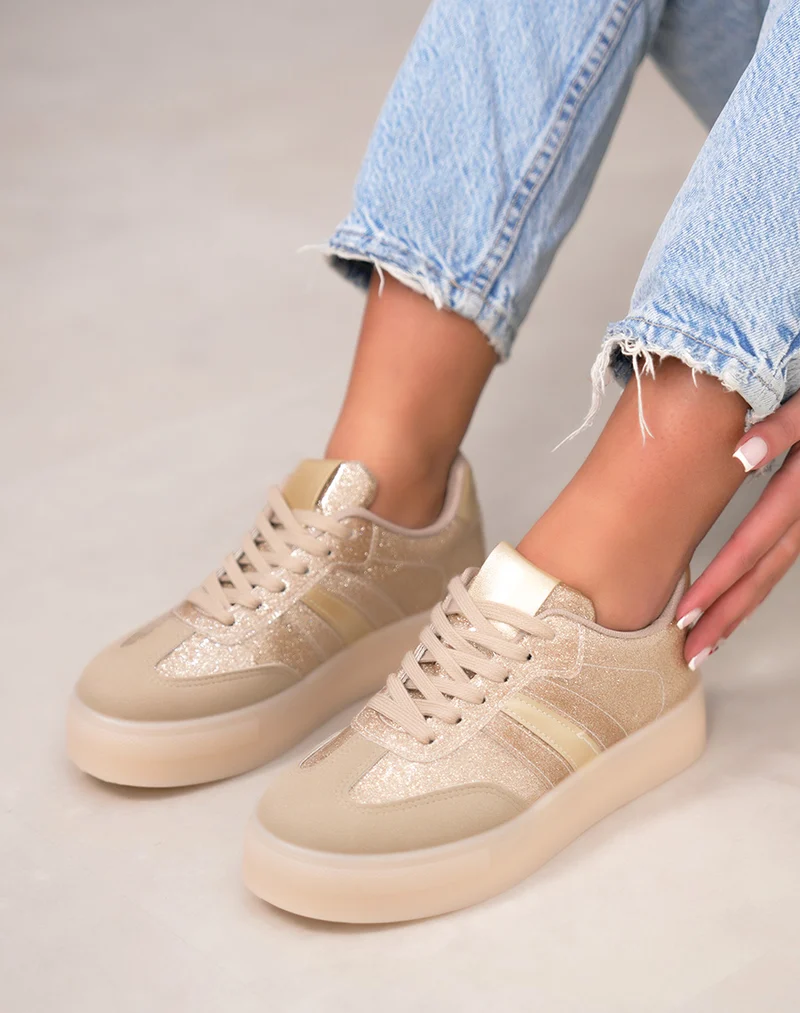 Basket femme dorée pailletée tendance à plateforme élégante et lumineuse