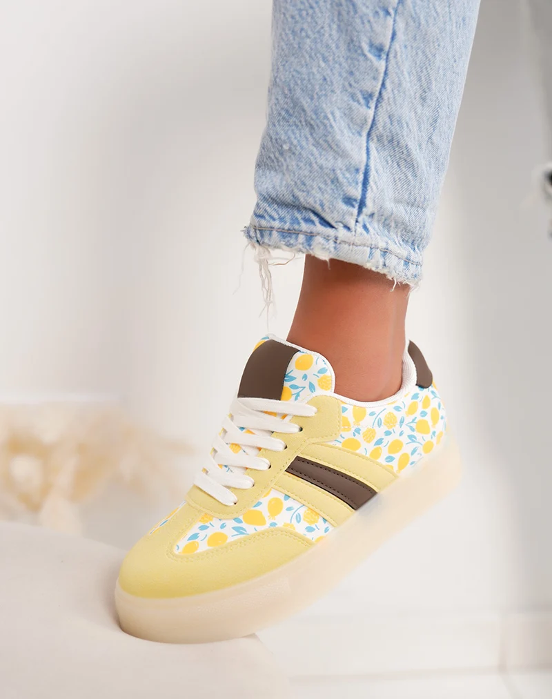Basket femme jaune tendance à plateforme motif citron avec empiècement marron original