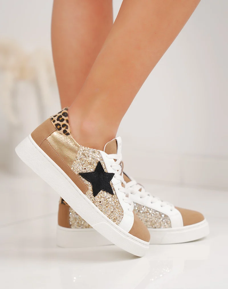 Basket femme marron tendance à paillettes dorées et empiècement léopard chic