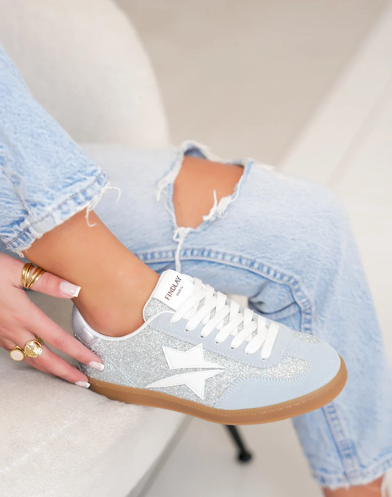 Basket femme bleu pailletée tendance avec empiècements bleu et argenté