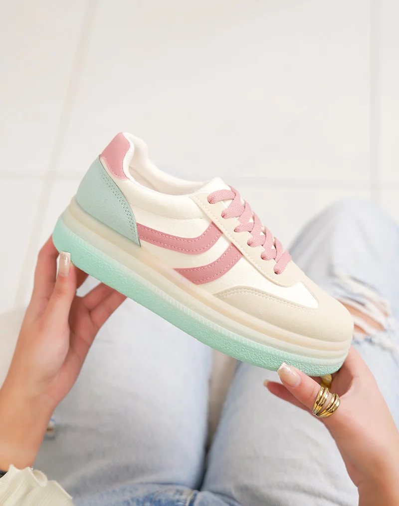 Basket femme jaune pastel tendance à plateforme avec empiècements rose et vert