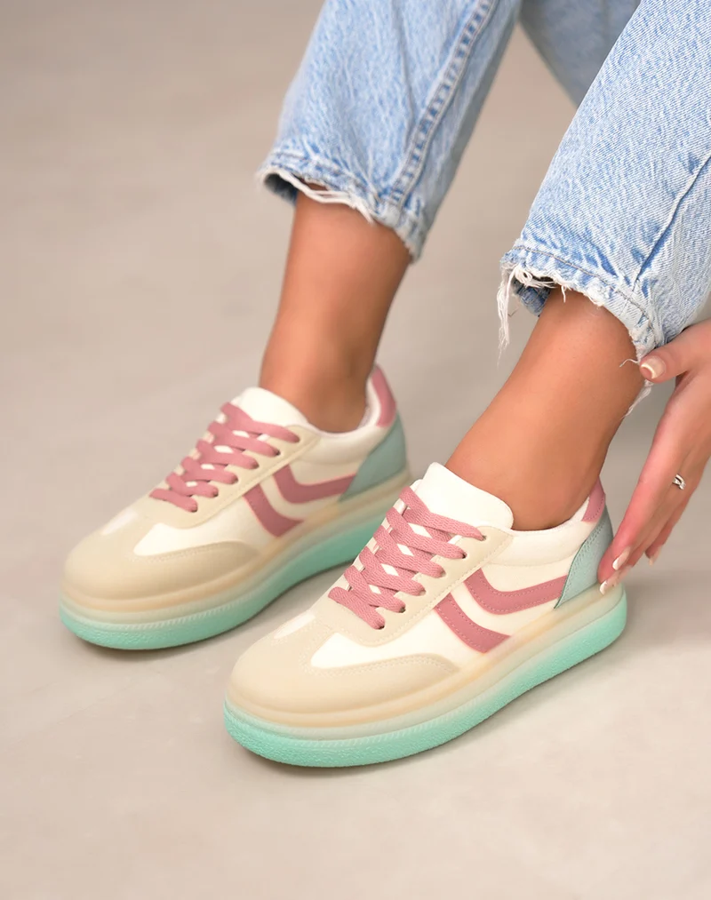 Basket femme jaune pastel tendance à plateforme avec empiècements rose et vert