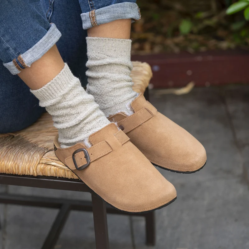 Sabots fourrés en cuir Femme Camel