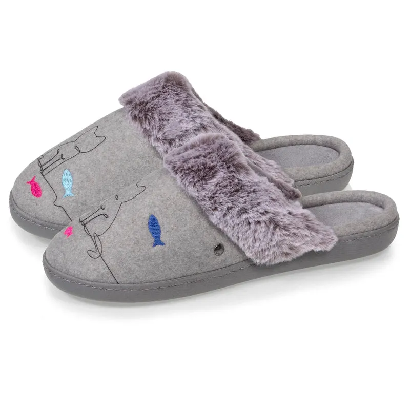Chaussons mules Femme Gris chat fantaisie