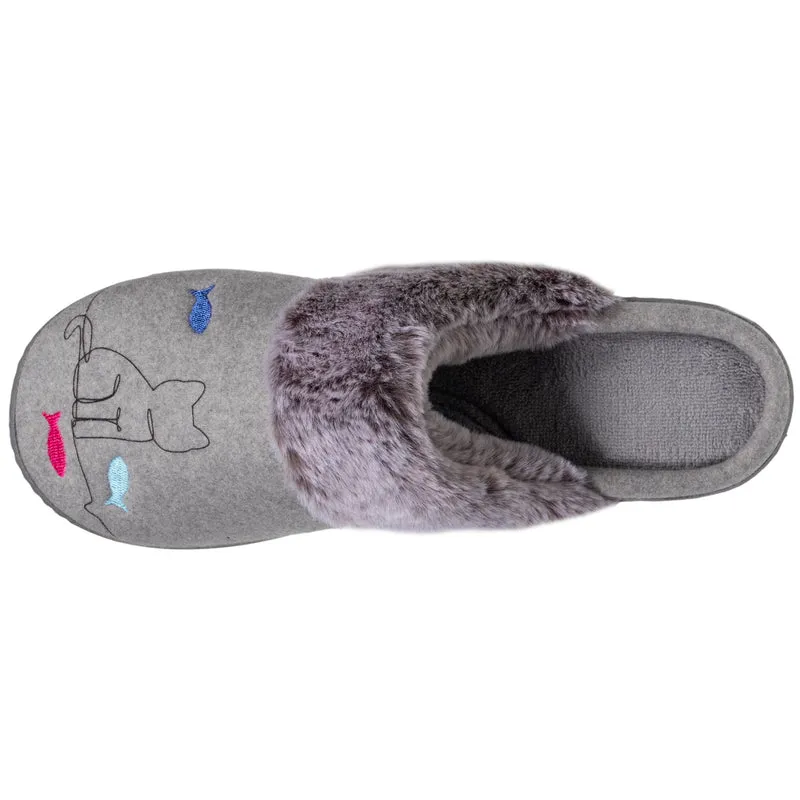 Chaussons mules Femme Gris chat fantaisie