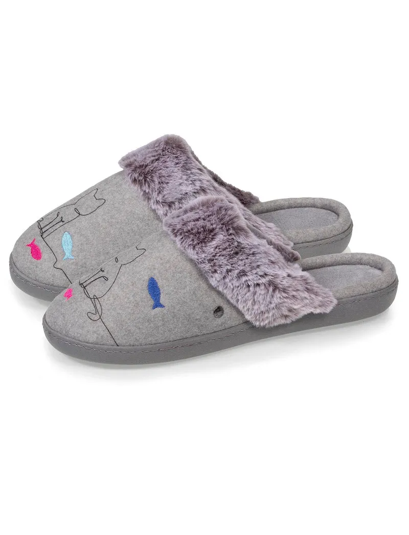 Chaussons mules Femme Gris chat fantaisie