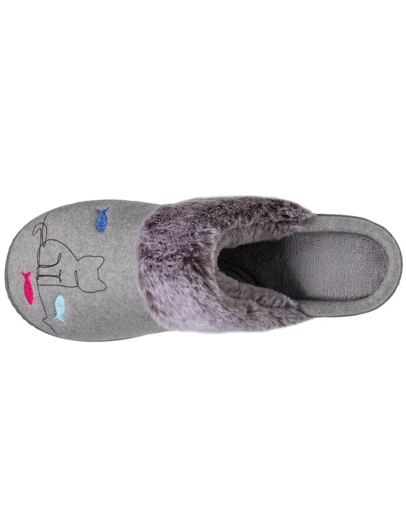 Chaussons mules Femme Gris chat fantaisie
