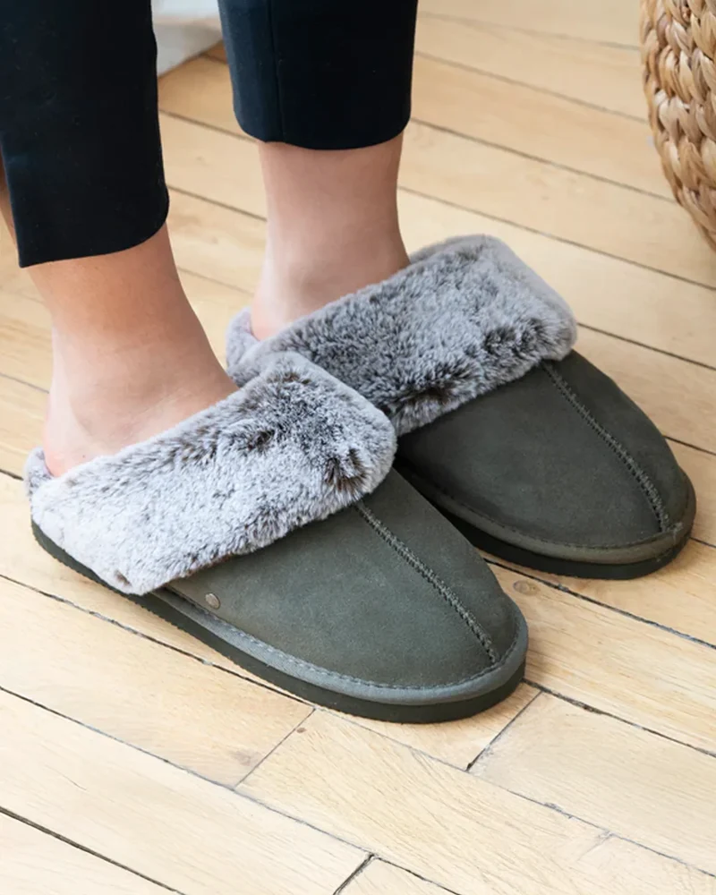 Chaussons mules en cuir Femme Kaki