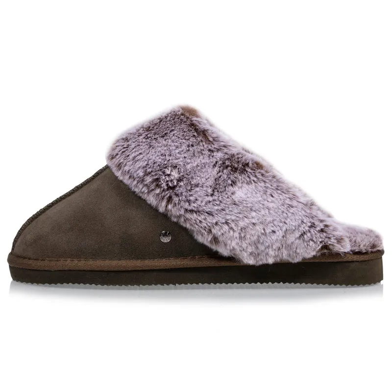 Chaussons mules en cuir Femme Kaki