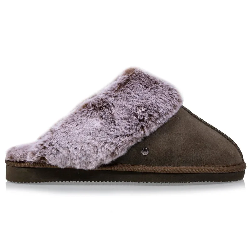 Chaussons mules en cuir Femme Kaki
