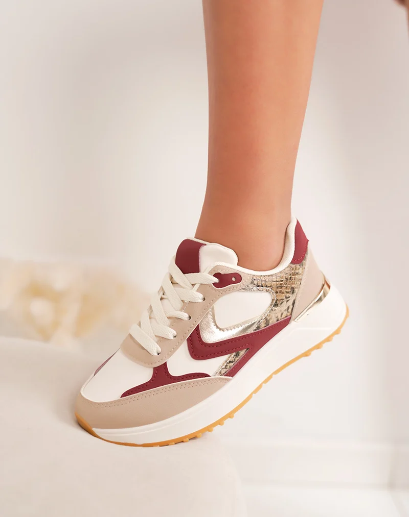 Basket femme beige avec empiècement bordeaux croco et doré