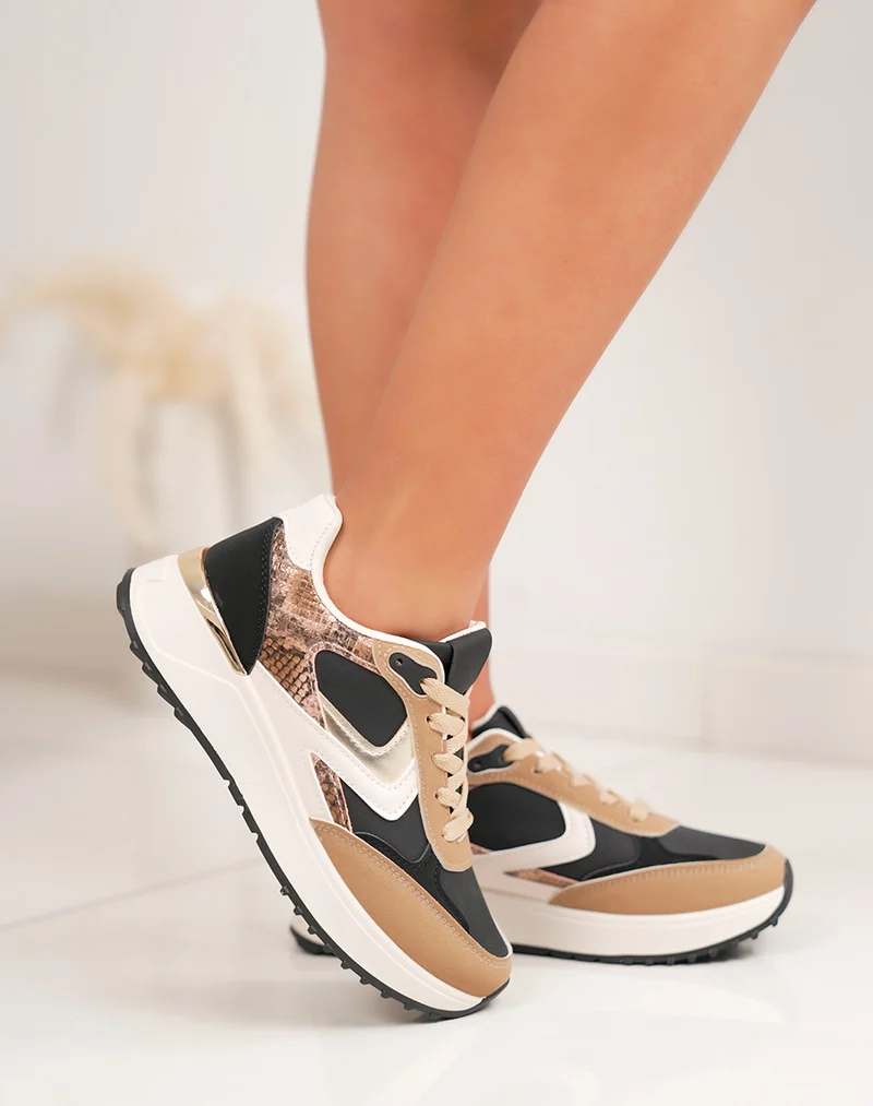 Basket femme noire tendance avec empiècement croco marron doré